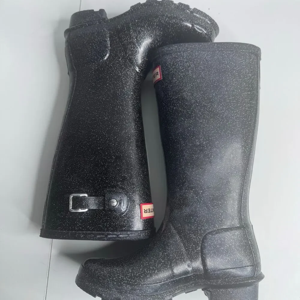 Hunter Big Kids Original Giant Glitter Girls 1 Rain Boots, Black